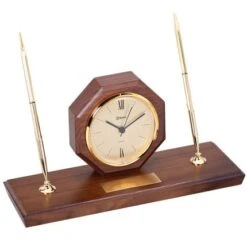 12 X 4 X 6 Inch Quartz Clock With Two Pens On Walnut Base
