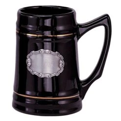 28 Ounce Black Ceramic Beer Mug With Pewter Casting