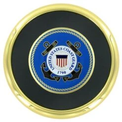 3-5/8 Inch Gold Metal Leatherette Coaster With 2 Inch Coast Guard Insert