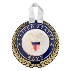 5-1/4 Inch Gold Wreath Christmas Ornament With 4 Inch Round Raised And Color Printed United States Navy Insert