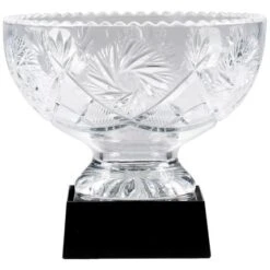 8-1/4 Inch Hand Cut Crystal Bowl Award On Black Base