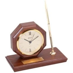 8 X 4 X 6 Inch Quartz Desk Clock With Pen On Walnut Base