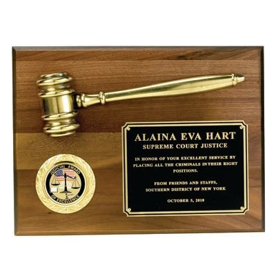 9 X 12 Inch Genuine Walnut Plaque With Judical Award Emblem, Metal Gavel, And Black Plate-Takes 2 Inch Insert 3 9 X 12 Inch Genuine Walnut Plaque With Judical Award Emblem, Metal Gavel, And Black Plate-Takes 2 Inch Insert