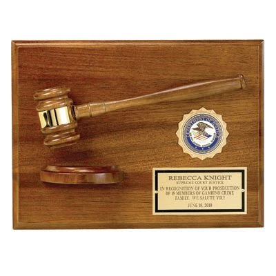9 X 12 Inch Genuine Walnut Plaque With Department Of Justice Emblem, Gavel, Block, And Gold Plate-Takes 2 Inch Insert 3 9 X 12 Inch Genuine Walnut Plaque With Department Of Justice Emblem, Gavel, Block, And Gold Plate-Takes 2 Inch Insert