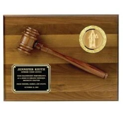 9 X 12 Inch Genuine Walnut Plaque With Gold Trim, Black Plate, Gavel-Takes 2 Inch Insert