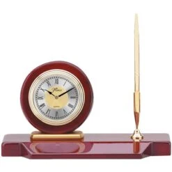 9 X 3-3/4 X 5 Inch Piano Rosewood Finish Quartz Desk Clock Pen Set