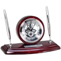 9 X 4-1/4 X 5 Inch Piano Rosewood Finish Skeleton Desk Clock With Two Pens