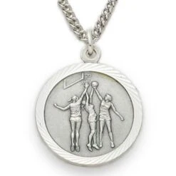3/4 Inches Sterling Siver Female Basketball Medal With St. Christopher