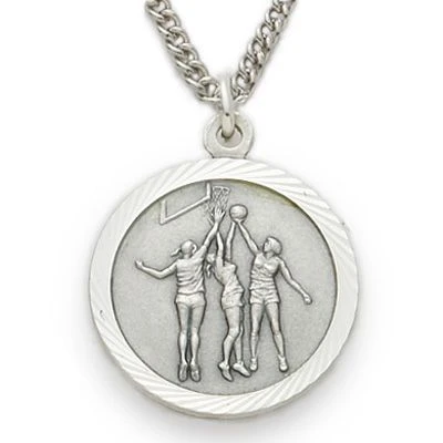 3/4 Inches Sterling Siver Female Basketball Medal With St. Christopher 3 3/4 Inches Sterling Siver Female Basketball Medal With St. Christopher