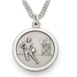 3/4 Inch Sterling Silver Male Basketball Medal With Saint Christopher