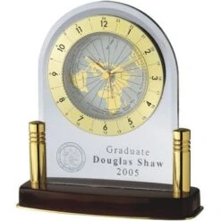 6-1/2 Inch Clear Lucite World Desk Clock With Brass Posts