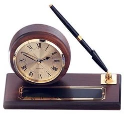 3-1/2 X 6 Inches Genuine Walnut Desk Clock Pen Set With Plate And Pen