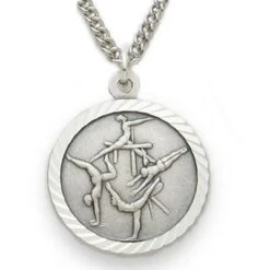 3/4 Inches Sterling Silver Female Gymnastics Medal With St. Christopher