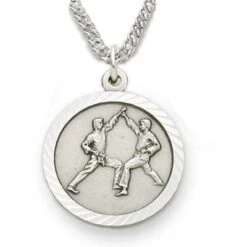 3/4 Inch Sterling Silver Male Karate Medal With Saint Christopher