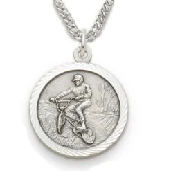 3/4 Inch Sterling Silver Male Off Road Bike Medal With Saint Christopher