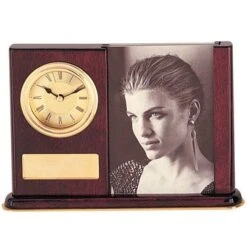 5-3/8 X 7 Inches Piano Rosewood Finish Desk Clock With Photo