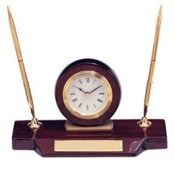 5 X 9 Inches Rosewood Piano Finish Desk Clock Pen Set With Gold Pens
