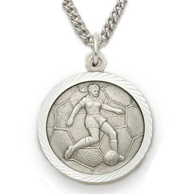 3/4 Inches Sterling Silver Female Soccer Medal With St. Christopher 3 3/4 Inches Sterling Silver Female Soccer Medal With St. Christopher