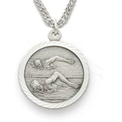 3/4 Inch Sterling Silver Male Swimming Medal With Saint Christopher