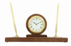 11 X 3 X 5-1/2 Inches Walnut Finish Pen Set With Brass Clock